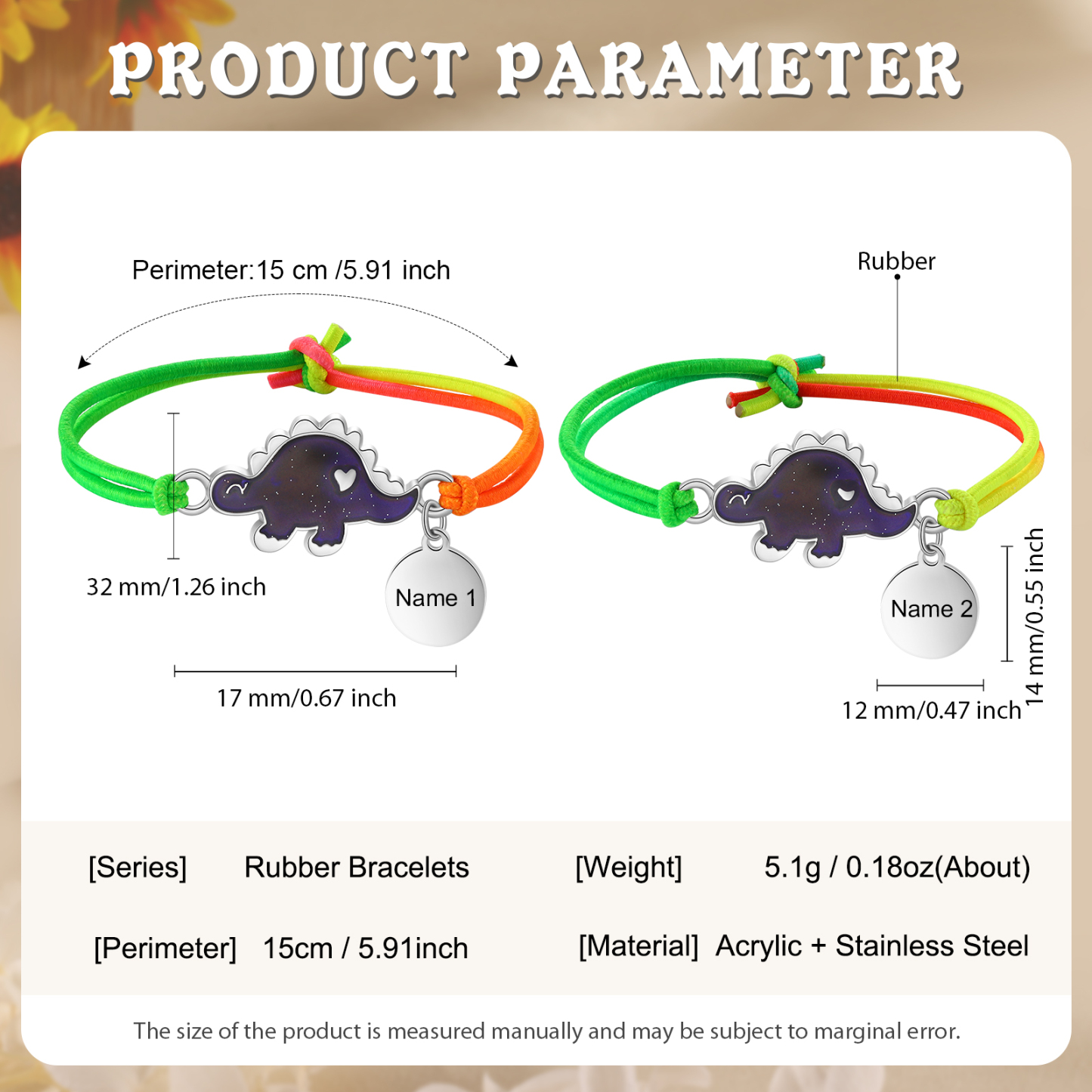 2 Pcs Personalized Name Color Changing Bracelets Cute Cartoon Animal Dinosaur Stretch Bracelet Set Back to School Gift for Girls