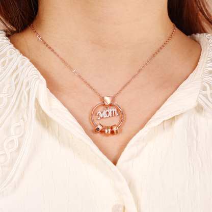 3 Names-Personalized Mom Necklace Set With  Premium Rotating Rose Flower Gift Box-Custom Necklace With 3 Birthstones Engraved Names Gift For Mother