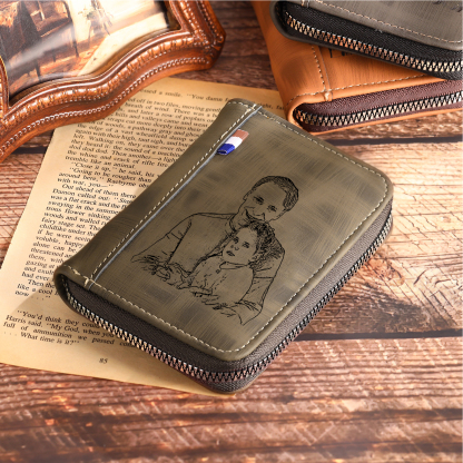 2 Names - Personalized Photo Text Custom Leather Men's Wallet Custom Name Zipper Wallet for Dad