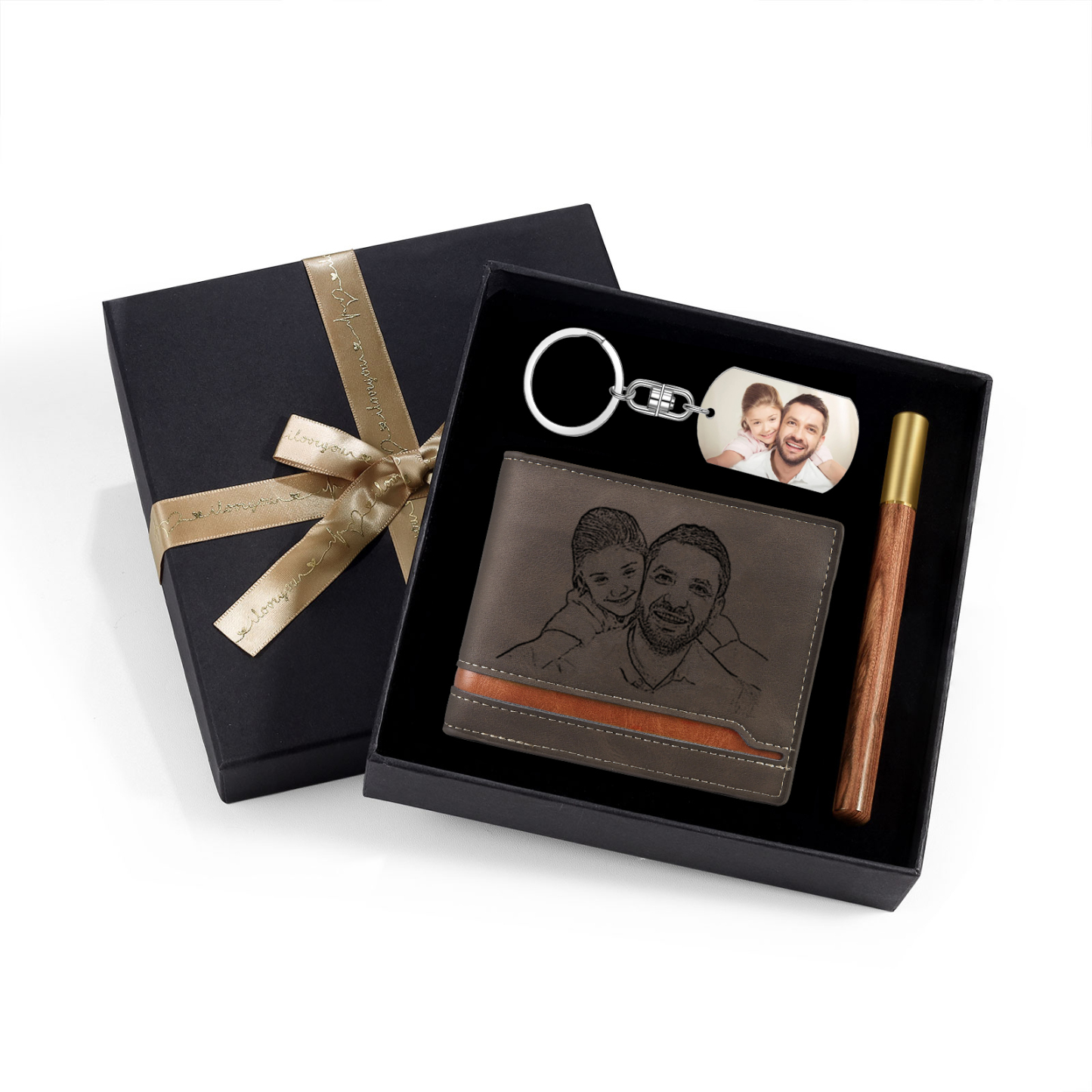 Personalized Leather Wallet Gift Box Set Keychain Strap Customizable 2 Photos 1 Letter and 1 Text Gift for Dad