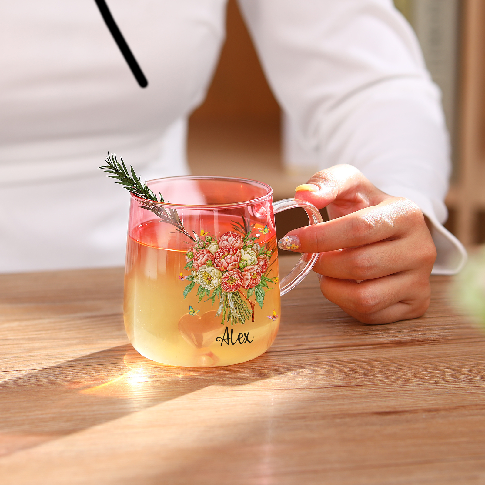 Custom Name Birth Flower Ombre Pink Glass Mug