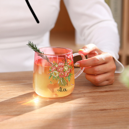 Custom Name Birth Flower Ombre Pink Glass Mug