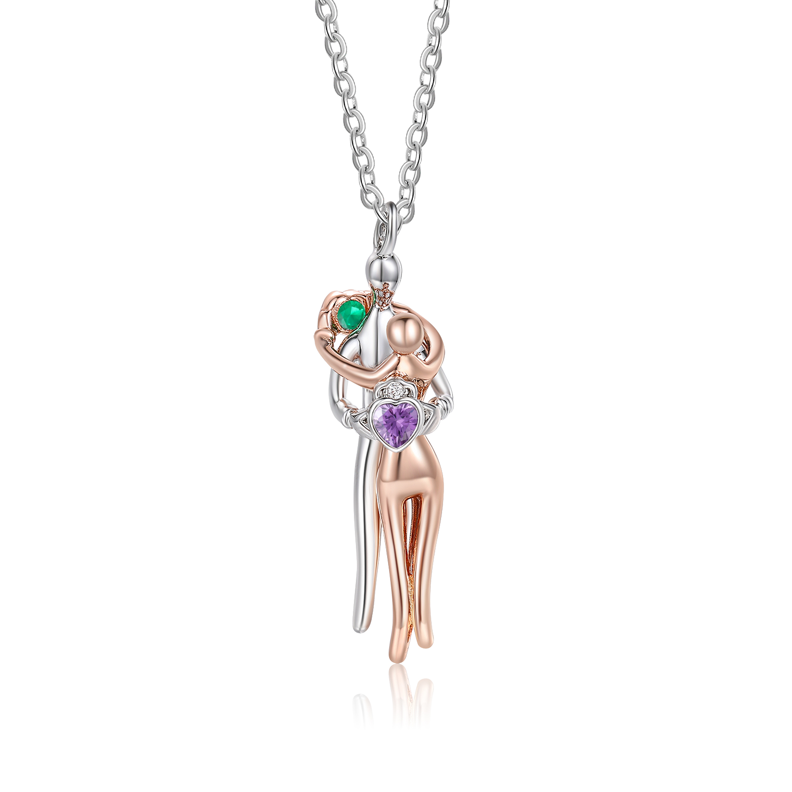 Couple Hug Birthstone Necklace, Two-Tone Heart Pendant for Women