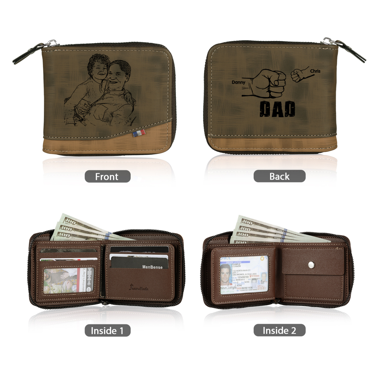 2 Names - Personalized Photo Custom Leather Men's Zipper Wallet as a Father's Day Gift for Dad