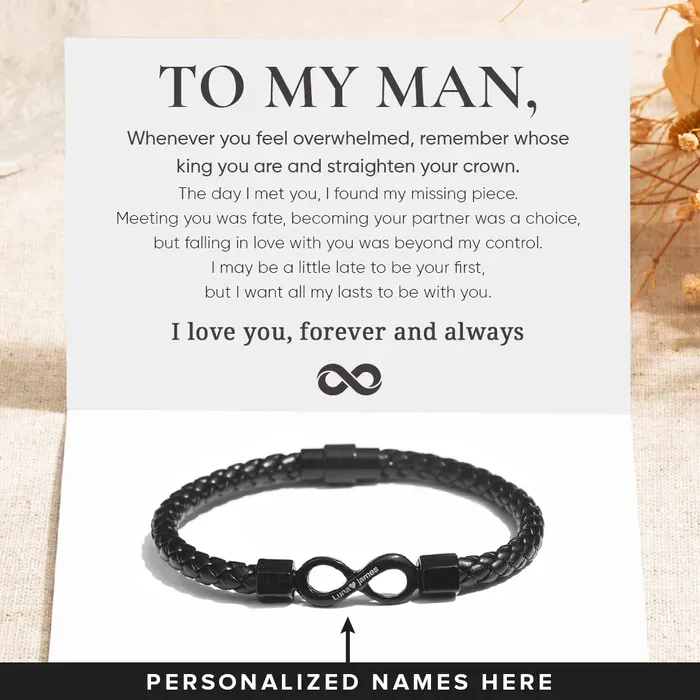 To My Man Personalized Men''s Bracelet Custom 2 Names Engraved Leather