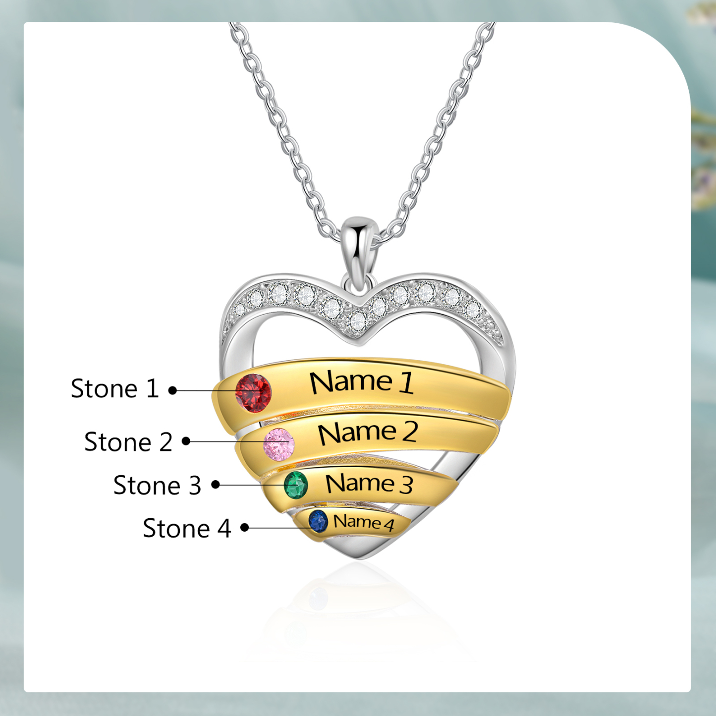 4 Names - Personalized Beautiful Heart Necklace with Custom Name and Birthstone, As a Mother's Day Gift for Mom