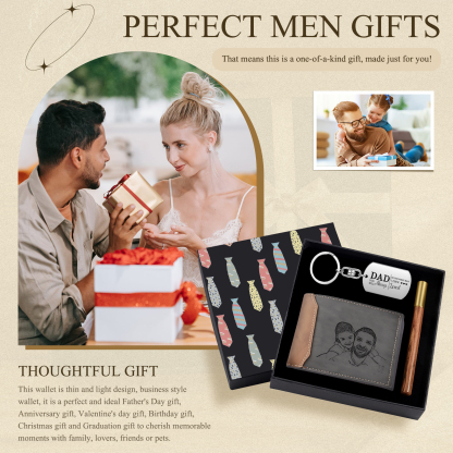 Personalized Leather Wallet Gift Box Set with Keychain Customizable Photo Text and Date Wallet Gift for Dad
