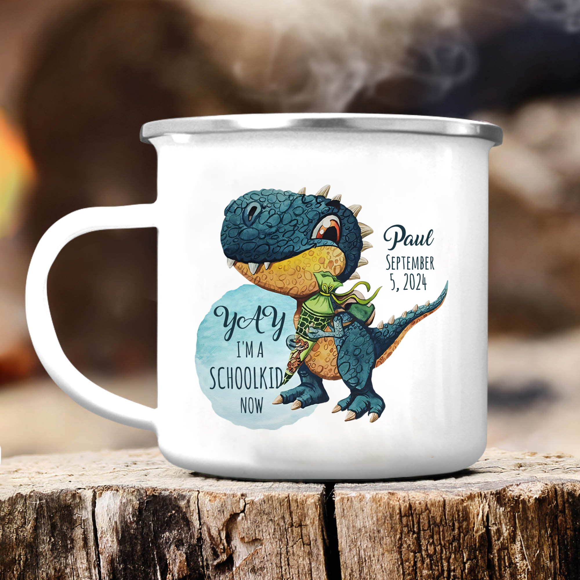 Back to School Gift Set - Personalized Gift Customized Name and Date Enamel Mug & Dinosaur Pencil Pouch & Dinosaur Bracelet Set - Gift for Kids