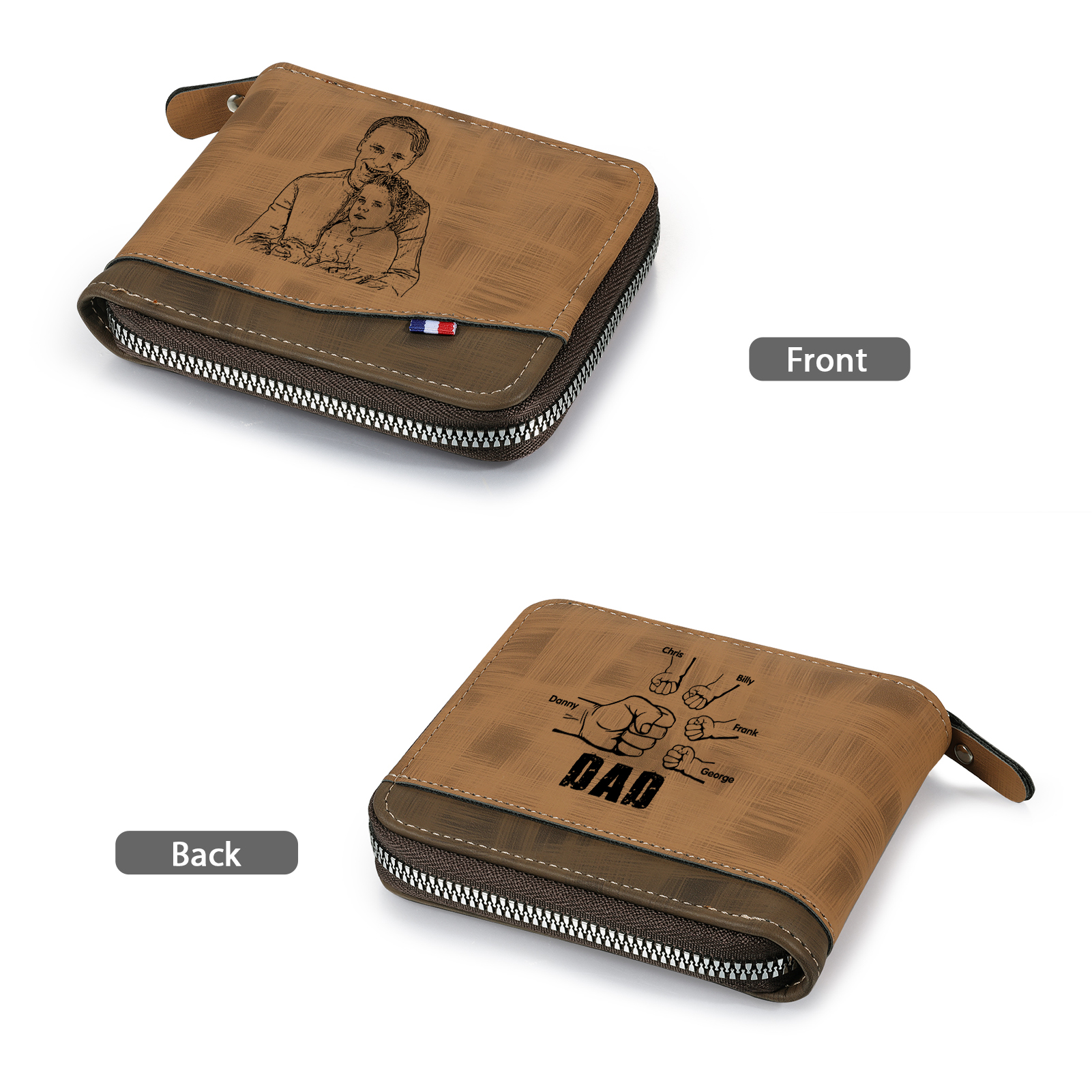 5 Names - Personalized Photo Custom Leather Men's Zipper Wallet as a Father's Day Gift for Dad