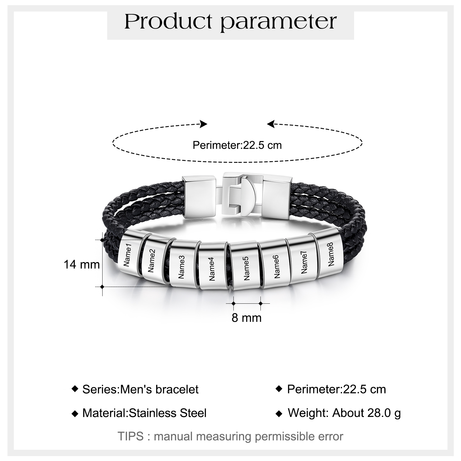 Personalized Braided Leather Bracelet Engraved 8 Names Men's Bracelet Gifts For Him