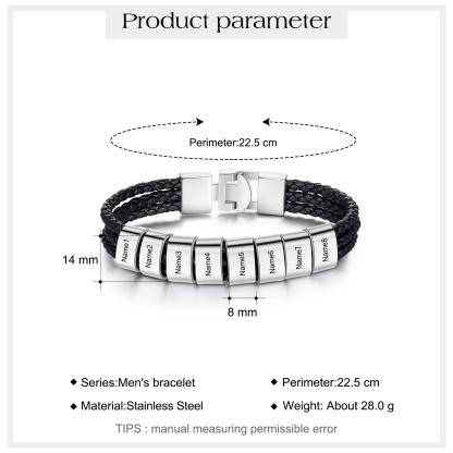 Personalized Braided Leather Bracelet Engraved 8 Names Men's Bracelet Gifts For Him