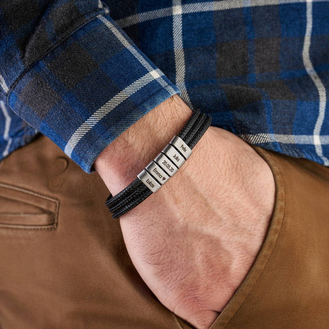 Personalized Braided Leather Bracelet Engraved 4 Names Men's Bracelet Gifts For Him