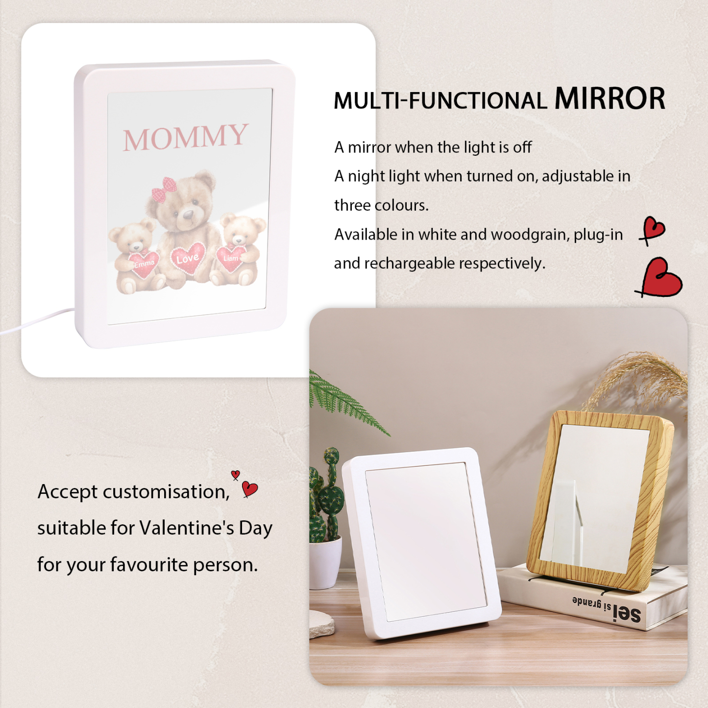 2 Names - Personalized Mum Home Bear Style Custom Text LED Night Light Gift for Mom