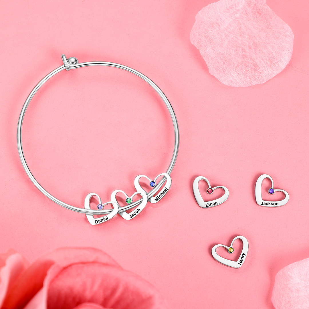 2 Names-Personalized Heart Bangle With 2 Names and Birthstones Bangle Bracelet Gifts For women
