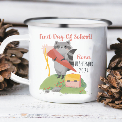 Personalized Name And Date Enamel Mug Children'S Raccoon Pattern Back To School Gift For Kid