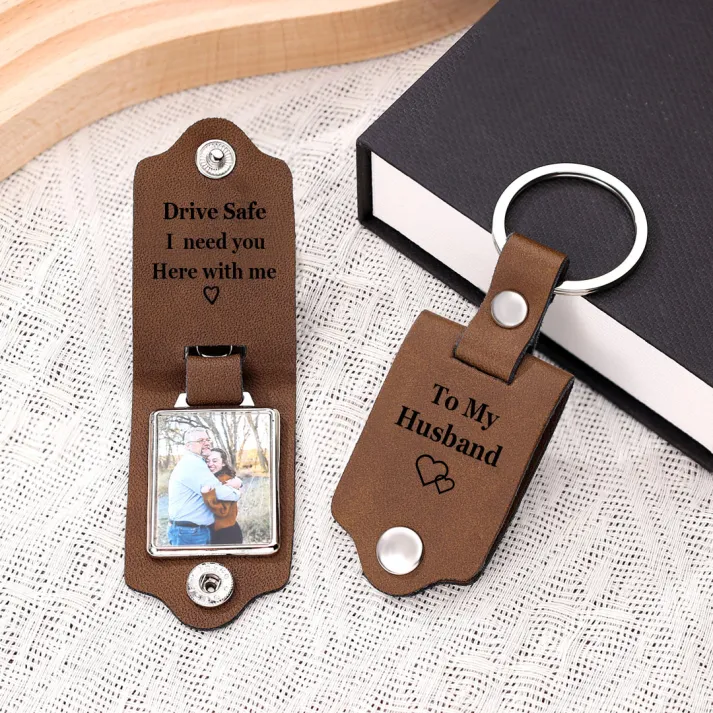 Personalised Photo Keyring Custom 2 Text and 1 Photo Leather Keyring Valentine's Day Gift for Him | Jessemade