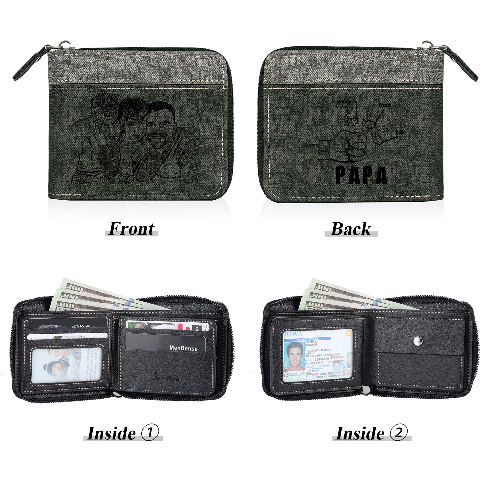 4-Names Personalized Leather Men's wallet With Card Slot Engraved With Name And Photo For Papa As a Father's Day Unique Gift