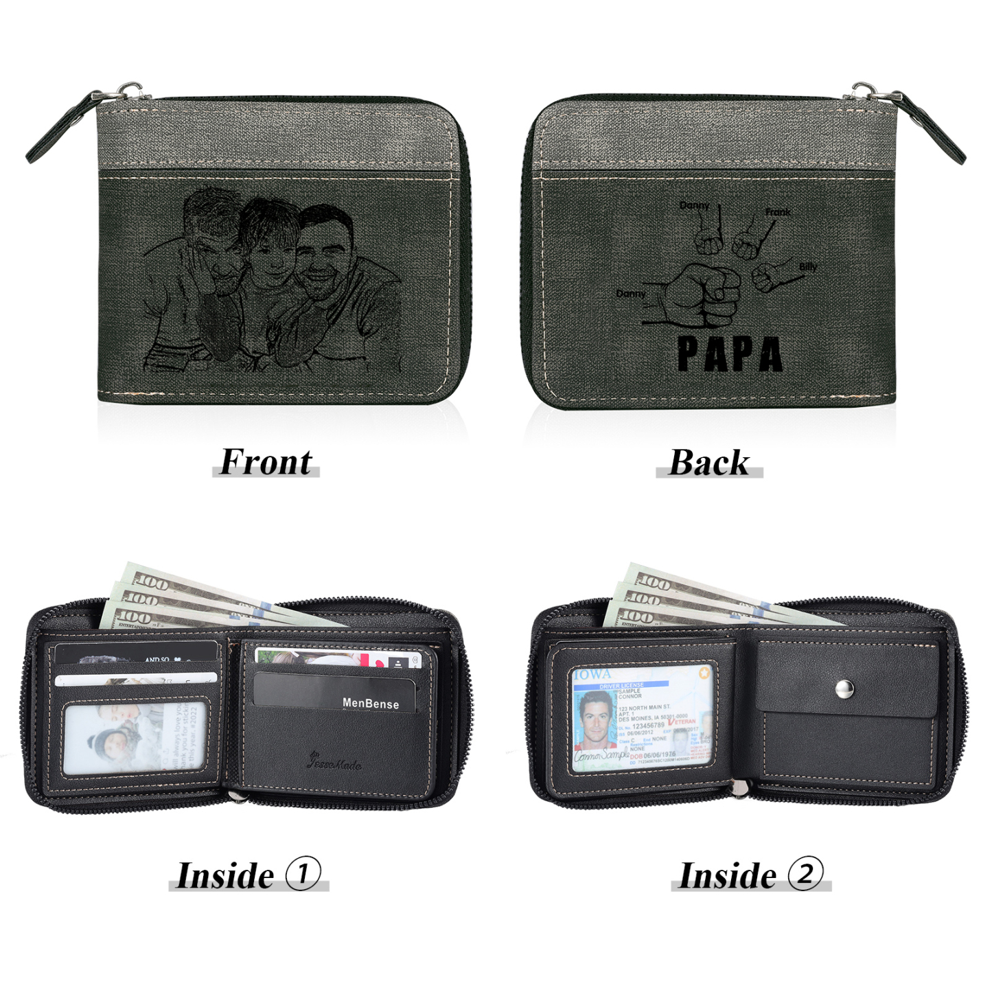 4-Names Personalized Leather Men's wallet With Card Slot Engraved With Name And Photo For Papa As a Father's Day Unique Gift