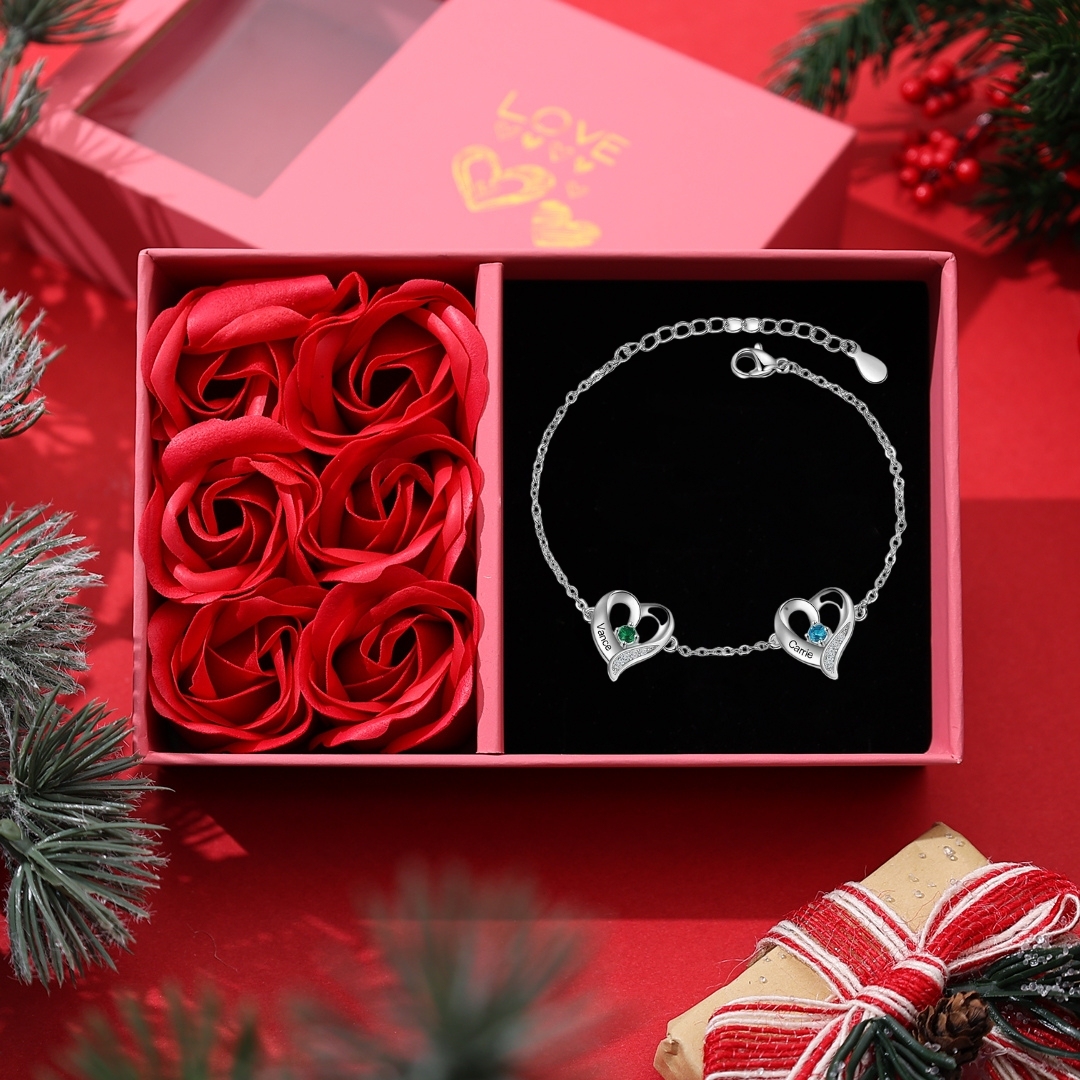 1-7 Names-Personalized Silver Heart Bracelet With Birthstones Bangle Engraved Names Bangle For Her | Jessemade