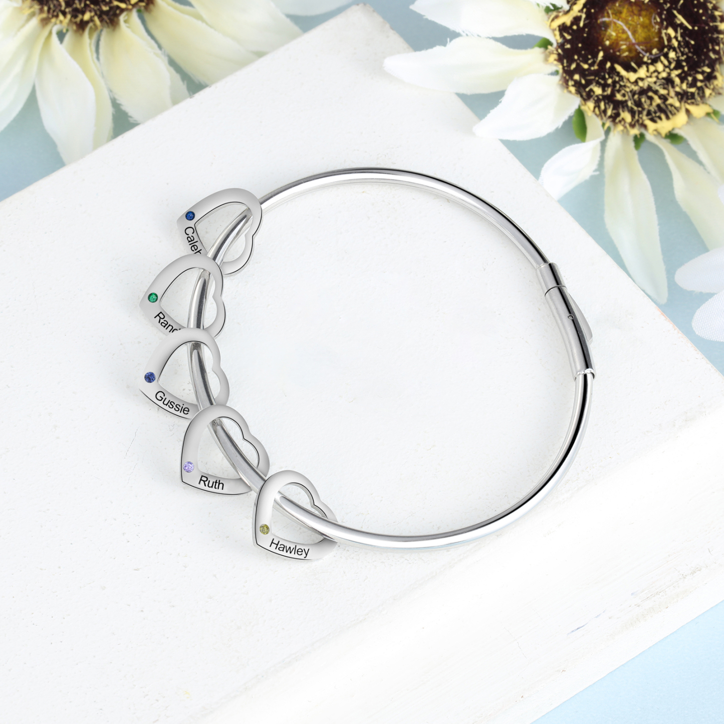 5 Names-Personalized Heart Bracelet With 5 Birthstones Bangle Engraved Names Bracelet Gift For Women