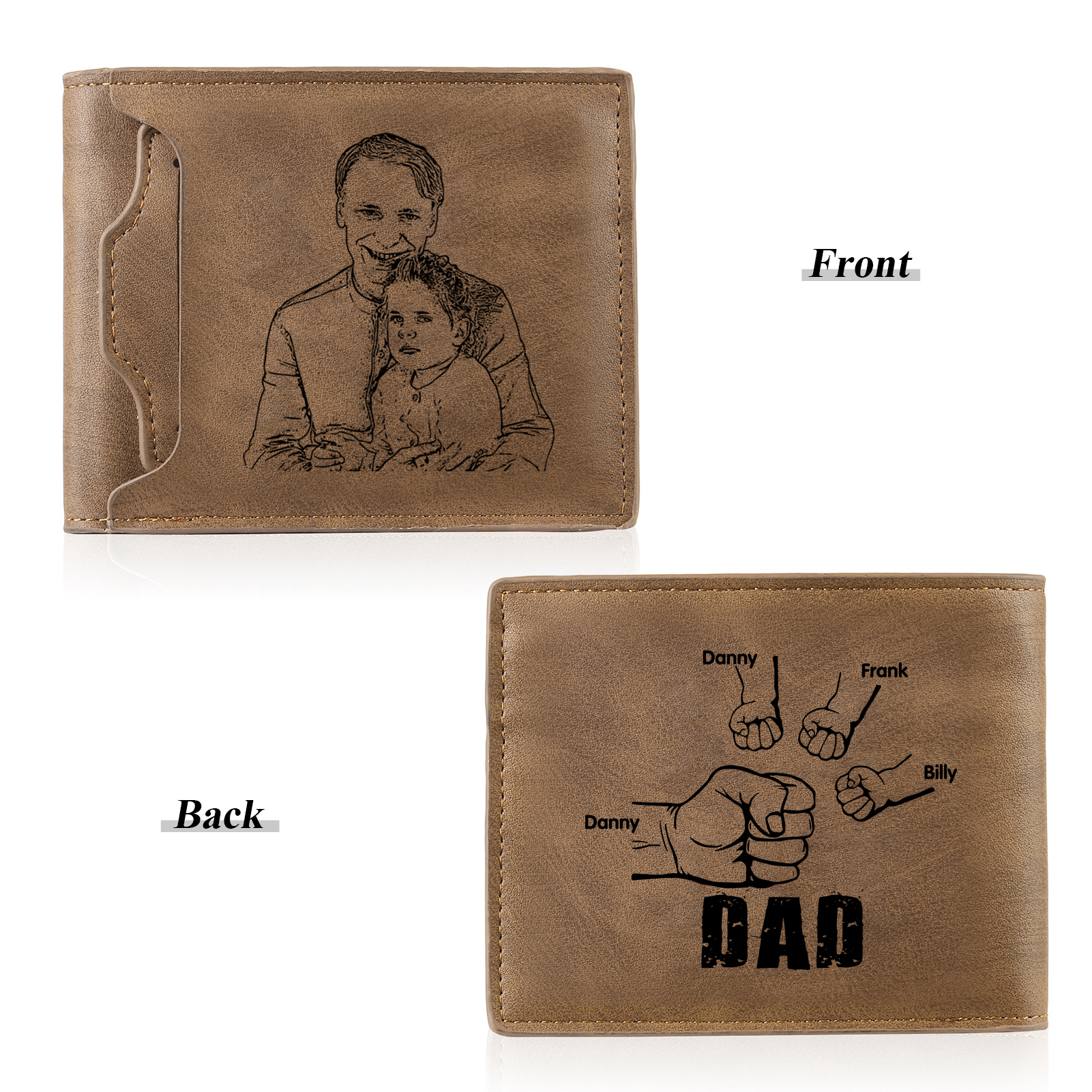 4 Names - Personalized Photo Custom Leather Men's Folding Wallet as a Father's Day Gift for Dad
