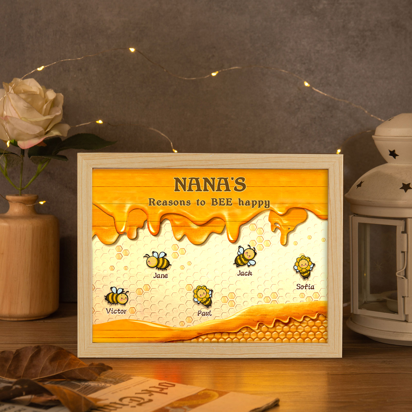 5 Names-Personalized Family Color Or Black And White Frame Custom 5 Names And Text LED Night Light