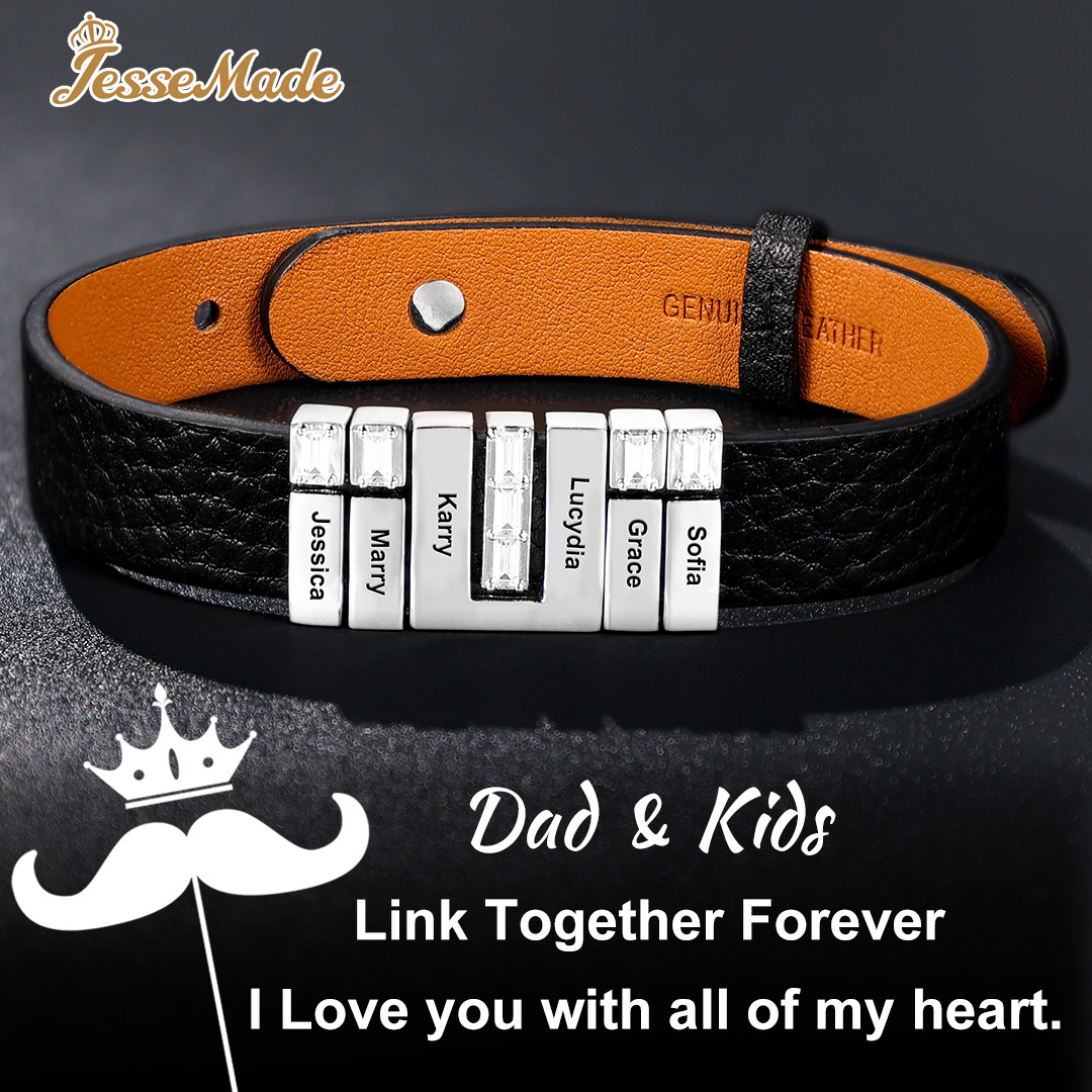 Customized Leather Bracelet with Beads Engraved 4 Names Bangle for Him