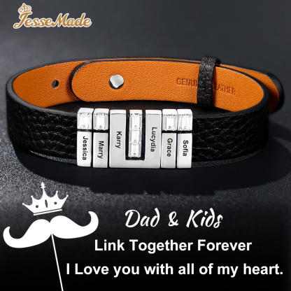 Customized Leather Bracelet with Beads Engraved 4 Names Bangle for Him