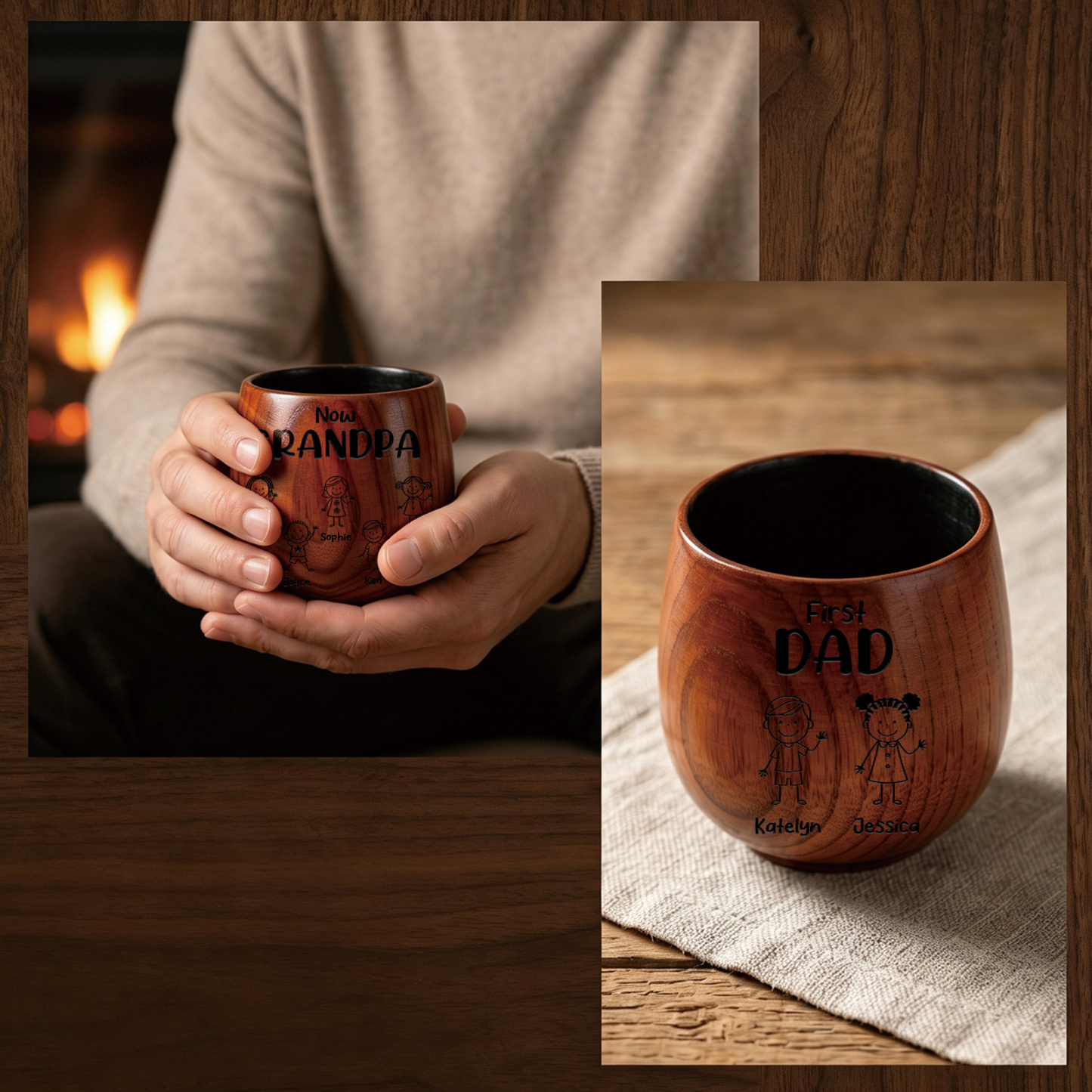 Personalized Wooden Whisky Cup for Dad or Grandpa Custom with 2-16 Children and Names