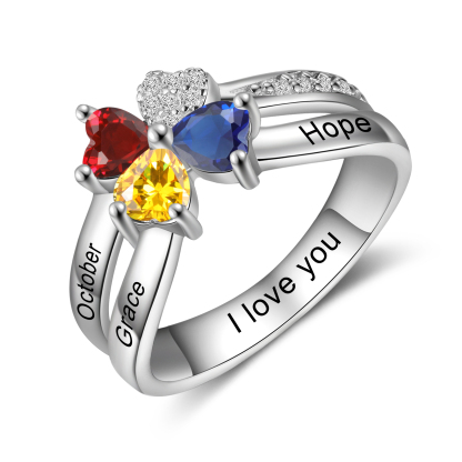 Personalized Ring With 3 Birthstones Engraved Names Ring Best Gift For Women