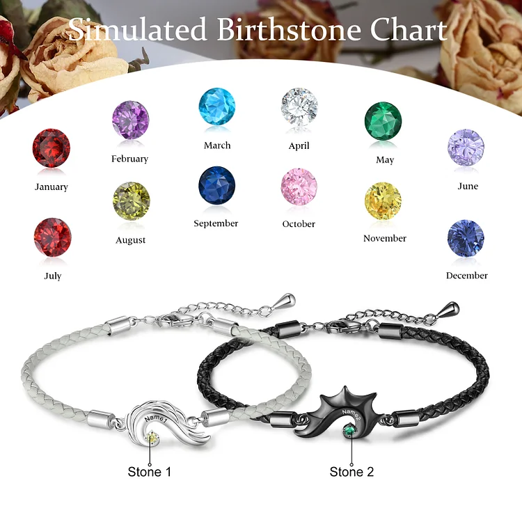2 Names-Personalized Two Souls One Heart Bracelet Set With Gift Box Customize Birthstones Couple Magnetic Bracelet Set