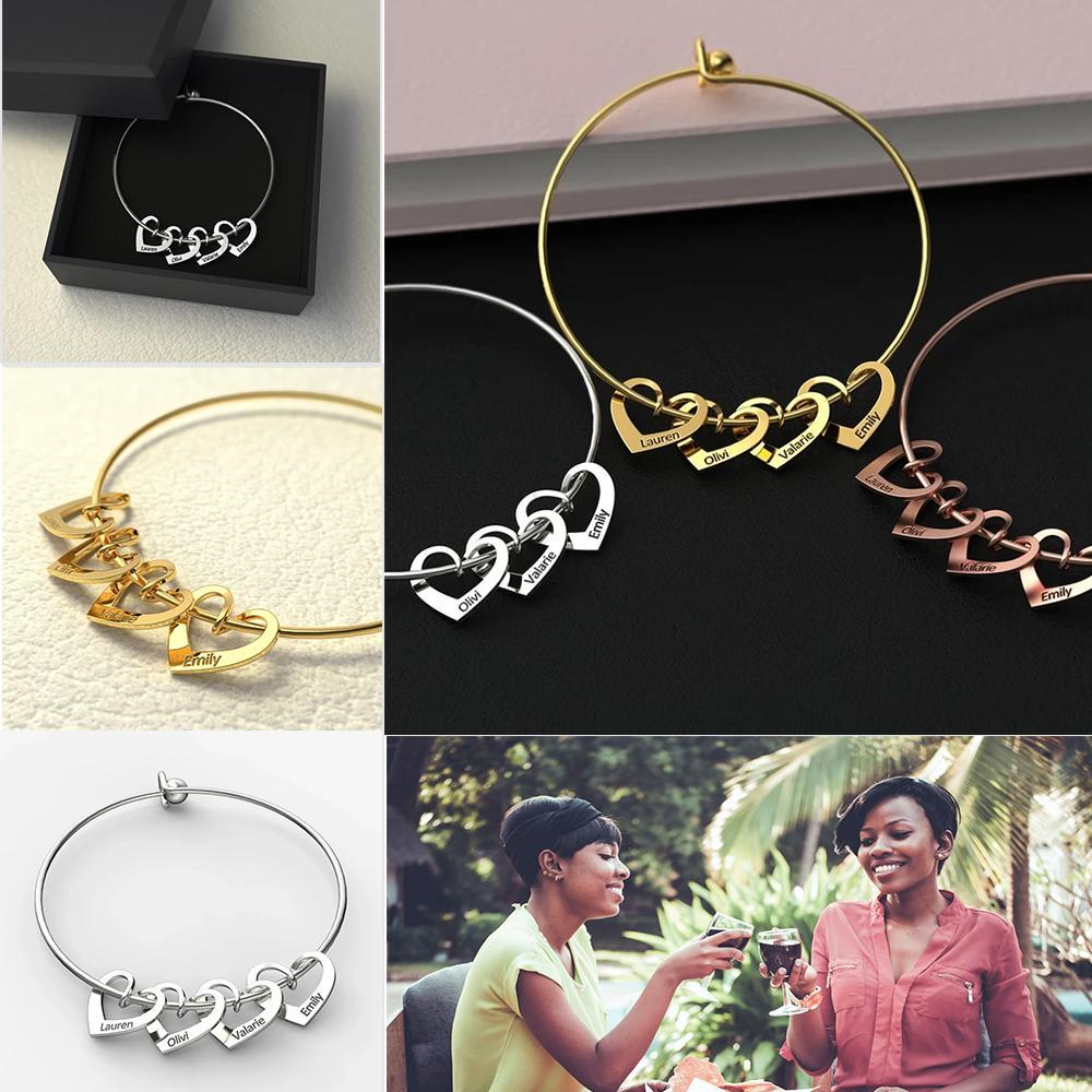 3 Names-Personalized Love Bracelet with 3 Heart Charms Engraved Name Bangle Bracelet