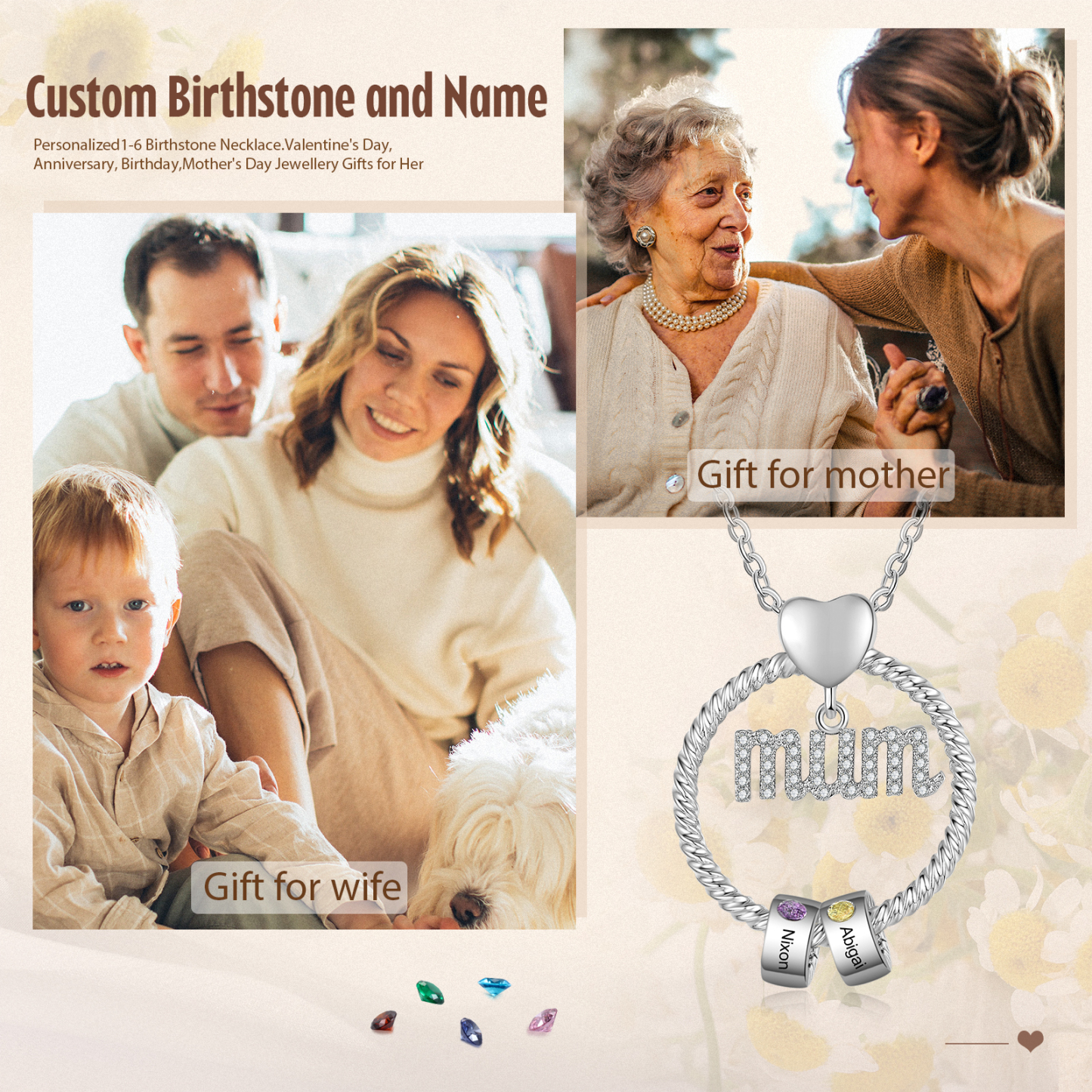 2 Names-Personalized Mom Necklace Set With  Premium Custom Necklace With 2 Birthstones Engraved Names Gift For Mom