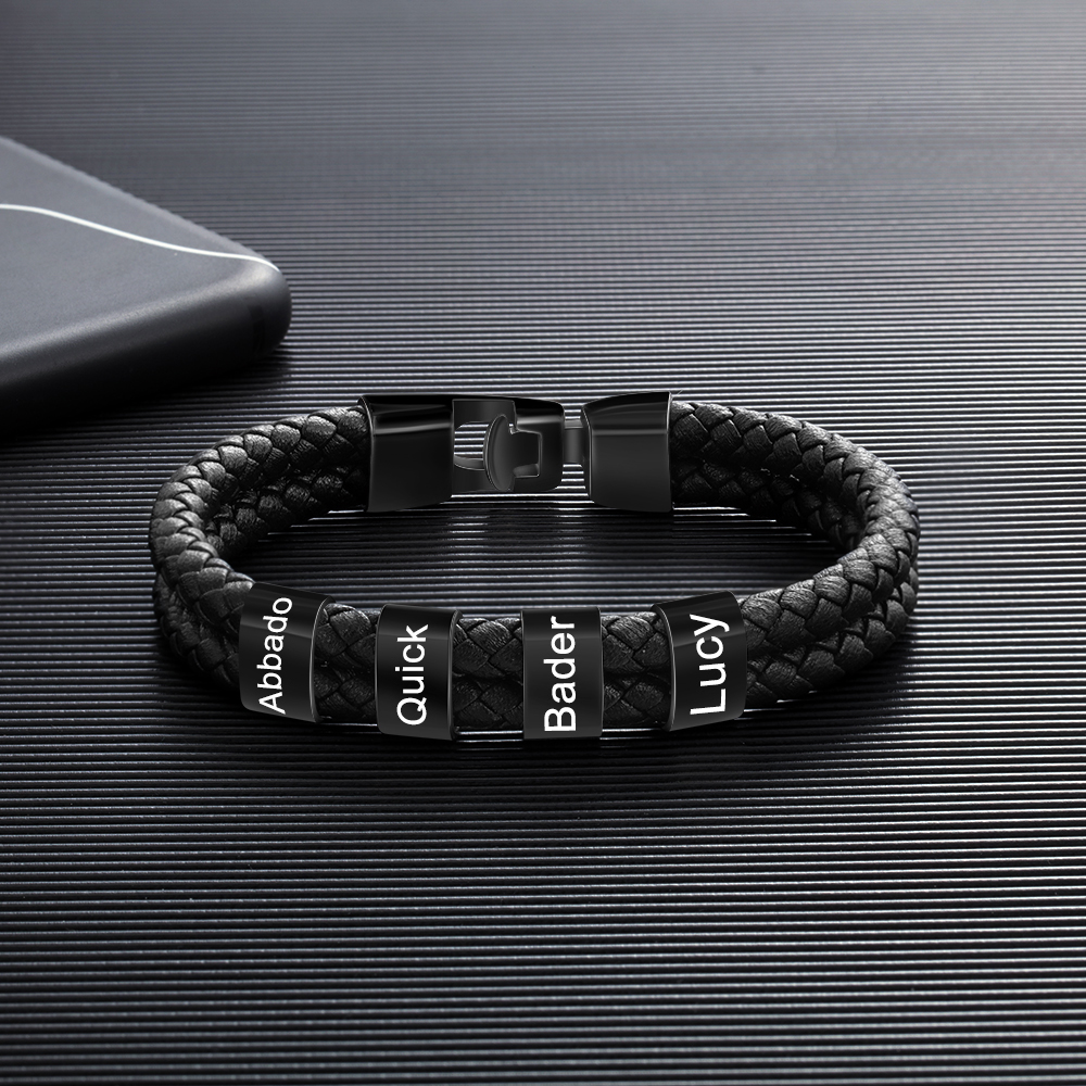Personalized Braided Leather Bracelet Engraved 4 Names Men's Bracelet for Him