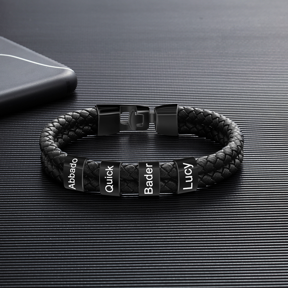 Personalized Braided Leather Bracelet Engraved 4 Names Men's Bracelet for Him