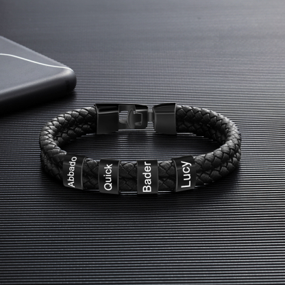 Personalized Braided Leather Bracelet Engraved 4 Names Men's Bracelet for Him