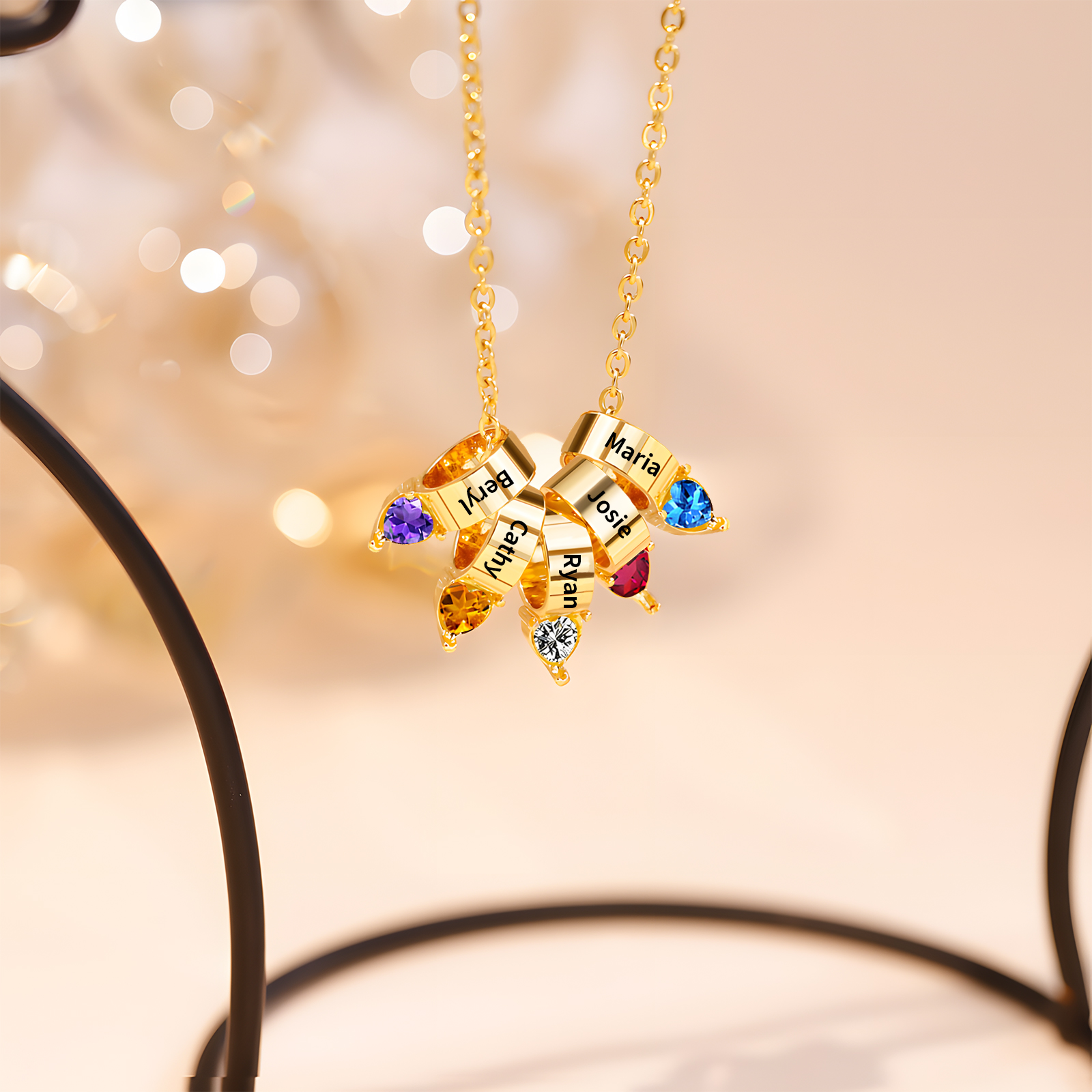 5 Names - Personalized Link Pendant Necklace with Customized Name and Birthstone Gift for Her