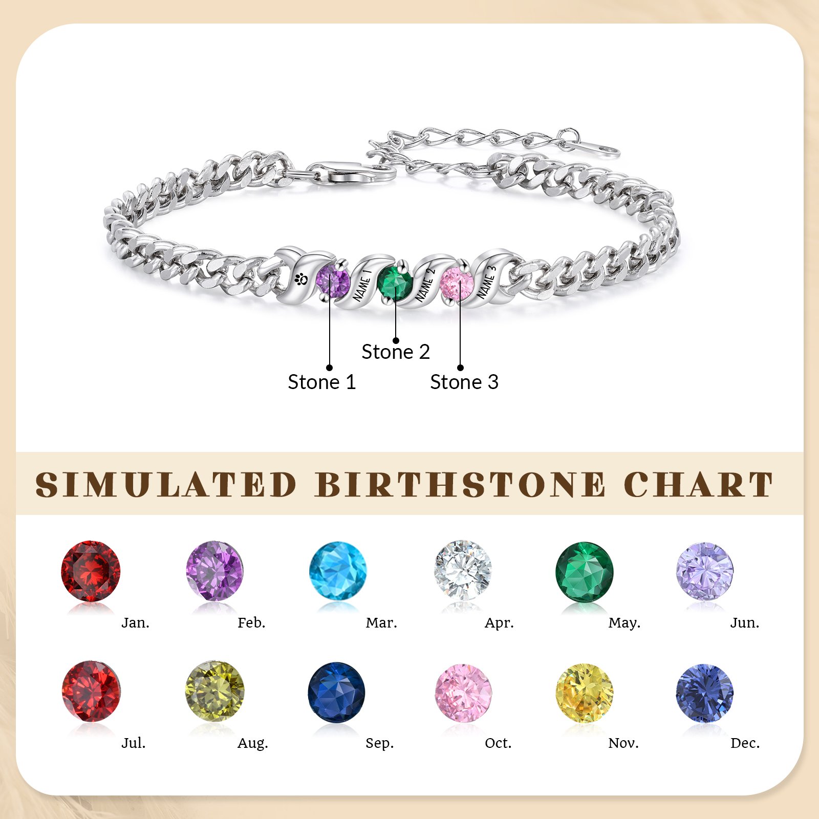 Personalized Cuban Link Bracelet Custom with 1–5 Names and Birthstones