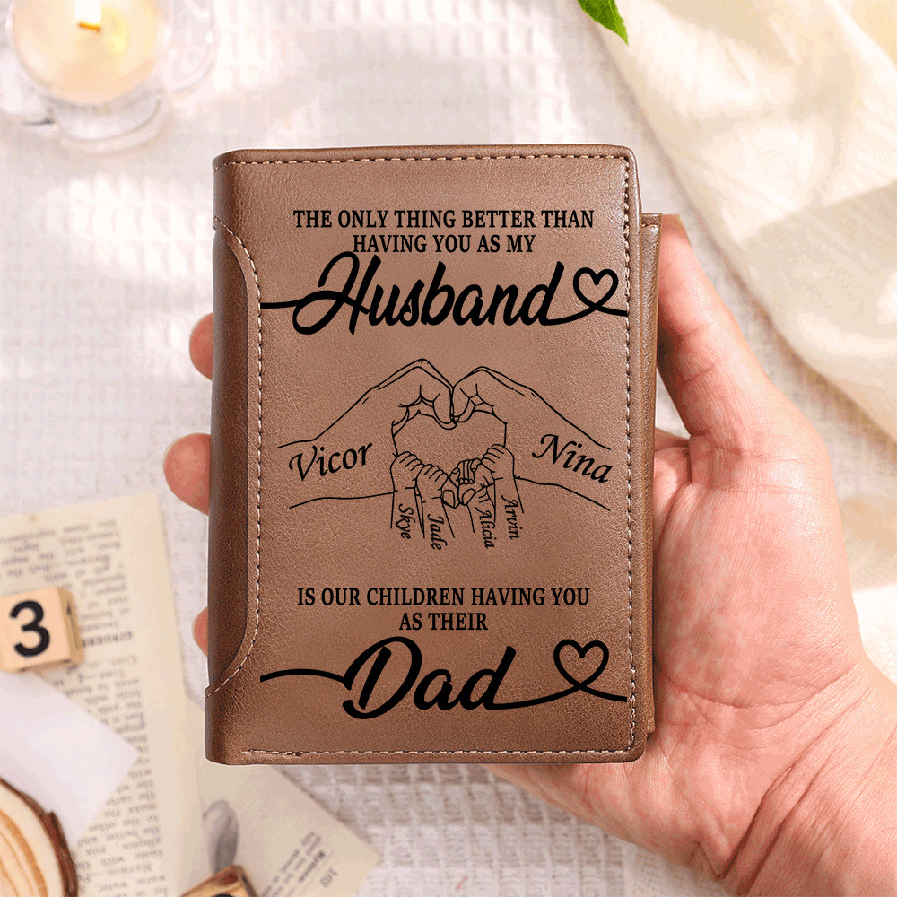 Personalized Leather Trifold Wallet for Husband or Dad with 1–6 Kids Names and Heart Hands Design