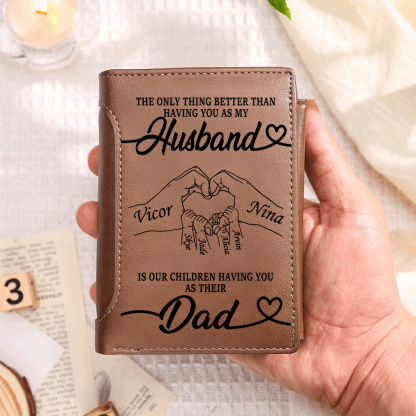 Personalized Leather Trifold Wallet for Husband or Dad with 1–6 Kids Names and Heart Hands Design