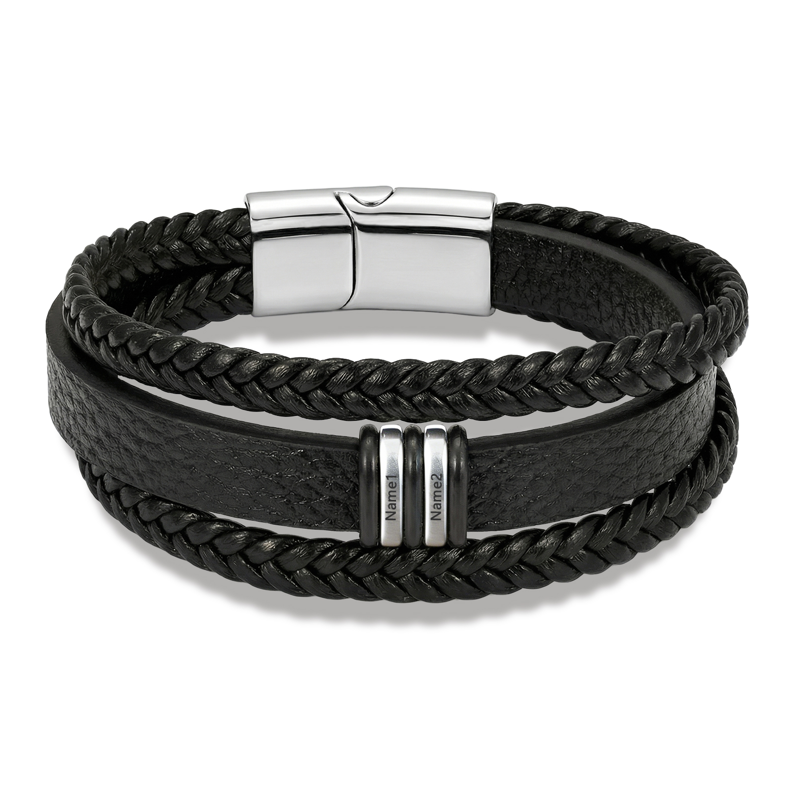 Personalized Braided Leather Bracelet for Men Custom with 2–6 Names Engraved
