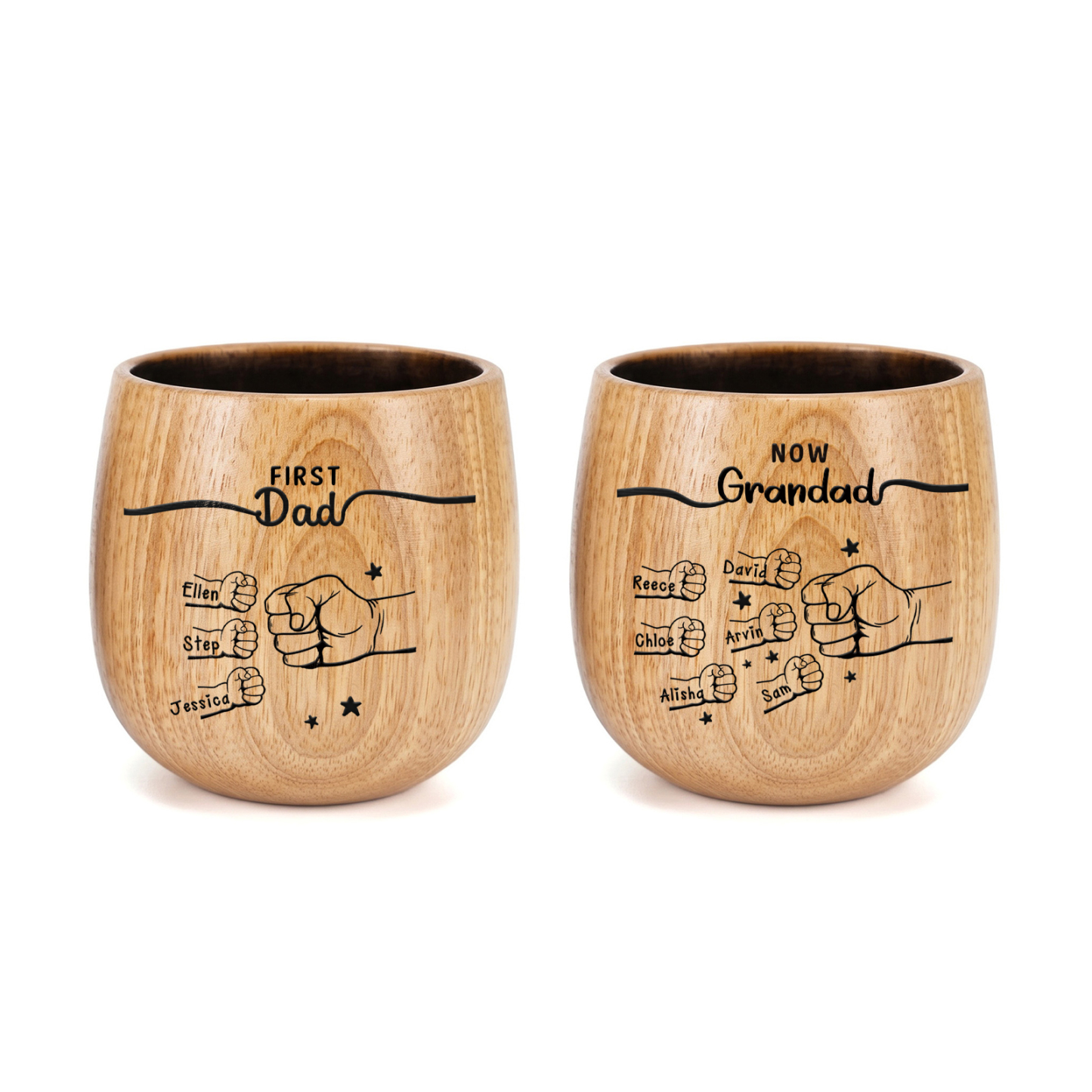 Personalized Wooden Whiskey Cup for Dad Grandpa Customized with 2-12 Names and Fist Bumps