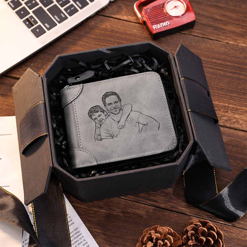 Photo Personalized Leather Zipper Men's Wallet Custom Text Fold Wallet