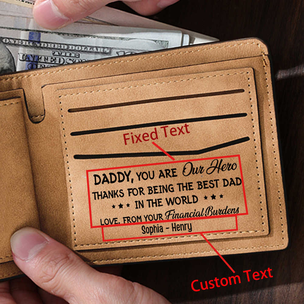 3 Names - Personalized Fist Bump Pattern Custom Text Leather Men's Wallet as a Father's Day Gift for Dad