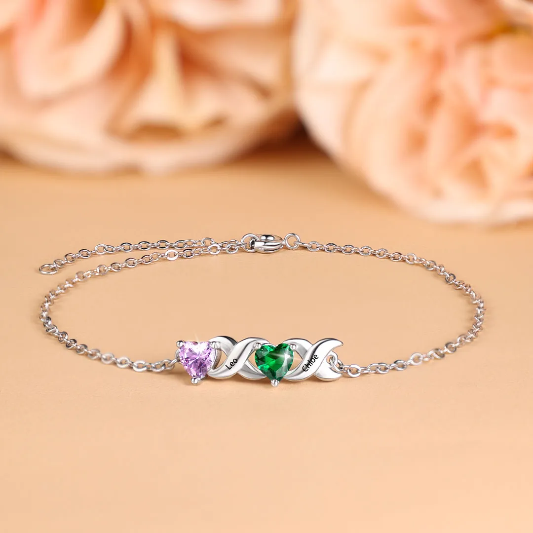 To My Grandma Bracelet Family Custom Names Bracelet Heart Personalized with 2 Birthstones |Jessmade