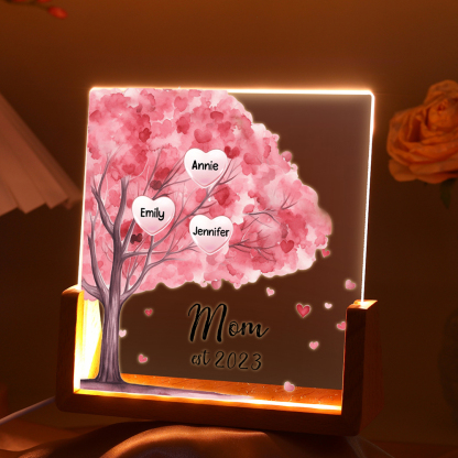 3 Names - Personalized Sakura Tree Night Light with Custom Text And Date LED Light, Gift for Mom