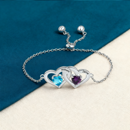 Personalized Heart Bracelet With 2 Birthstones Engraved Names Bracelet Gift For Women