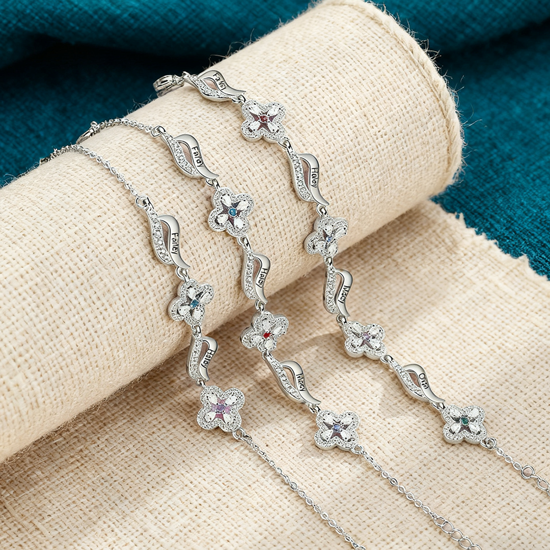 2 Names - Personalized Birthstone Bracelet, Customized 2 Names and Birthstone, Flower Bracelet Gift for Grandma