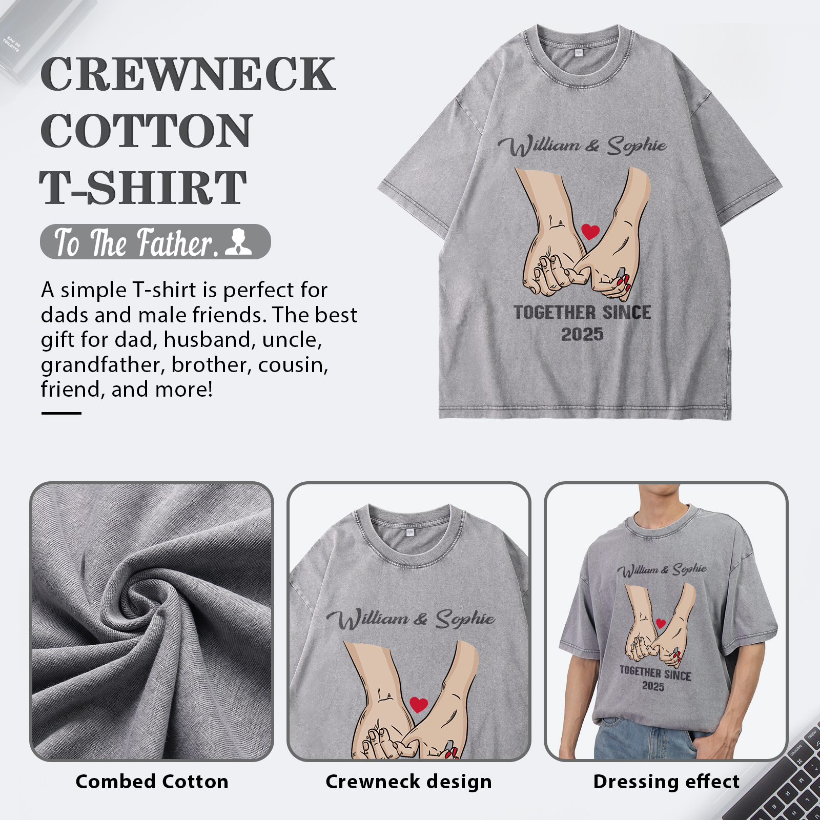 Personalised Couple T-Shirt –  with Custom 2 Names and 1 Date, Hand-in-Hand Graphic – "TOGETHER SINCE" | Valentine’s Day Gift for Him/Her | Jessemade