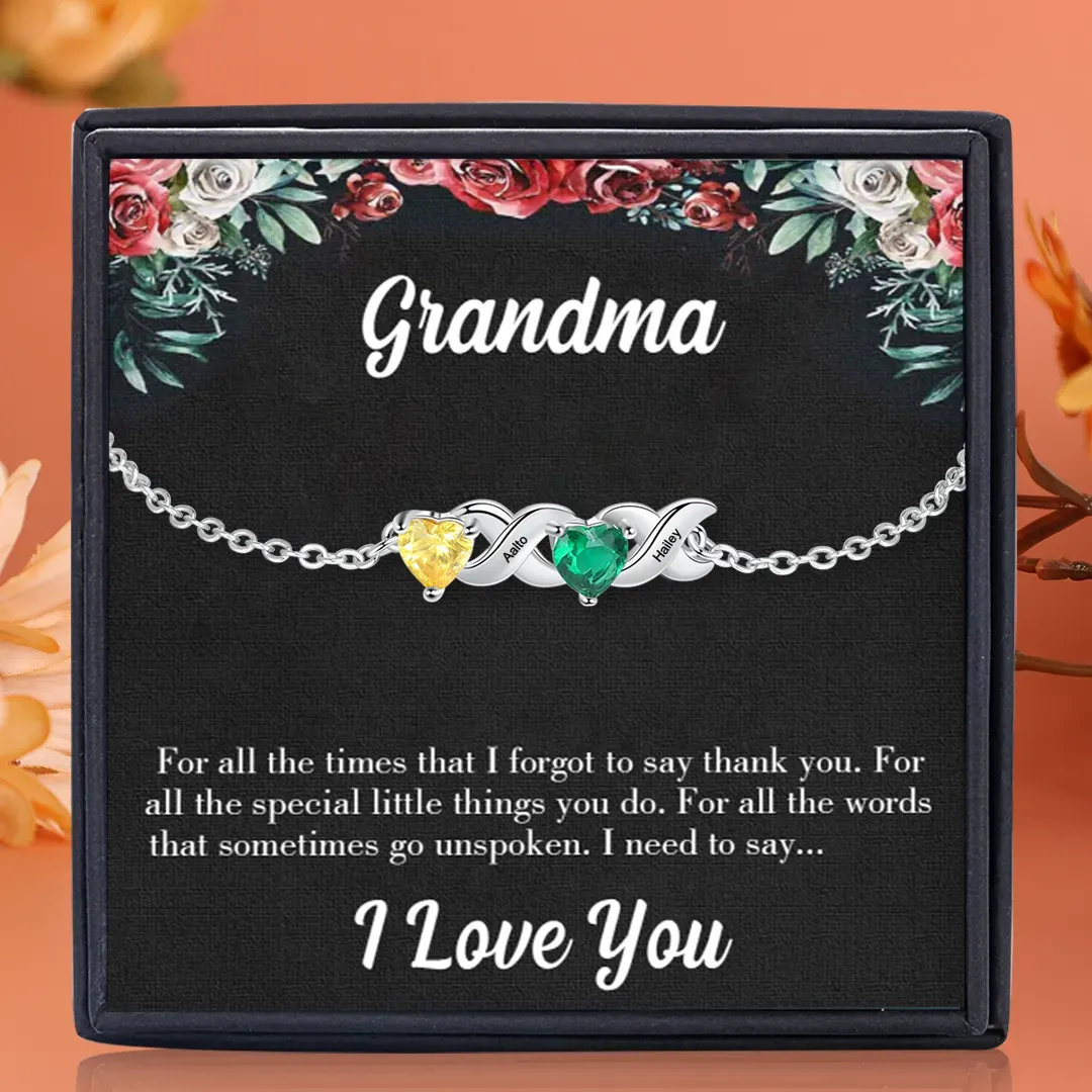 To My Grandma Bracelet Family Custom Names Bracelet Heart Personalized with 2 Birthstones |Jessmade